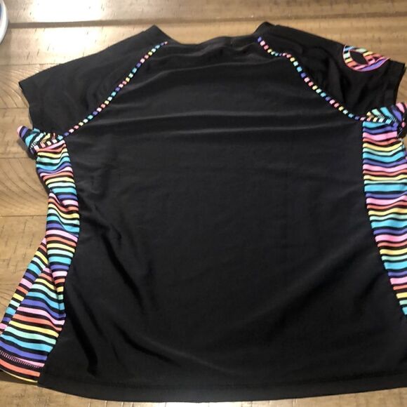OP Peace ☮️ and Rainbow 🌈 Rash Guard Swim Shirt. Black Contrast Rainbow Piping - Picture 9 of 17